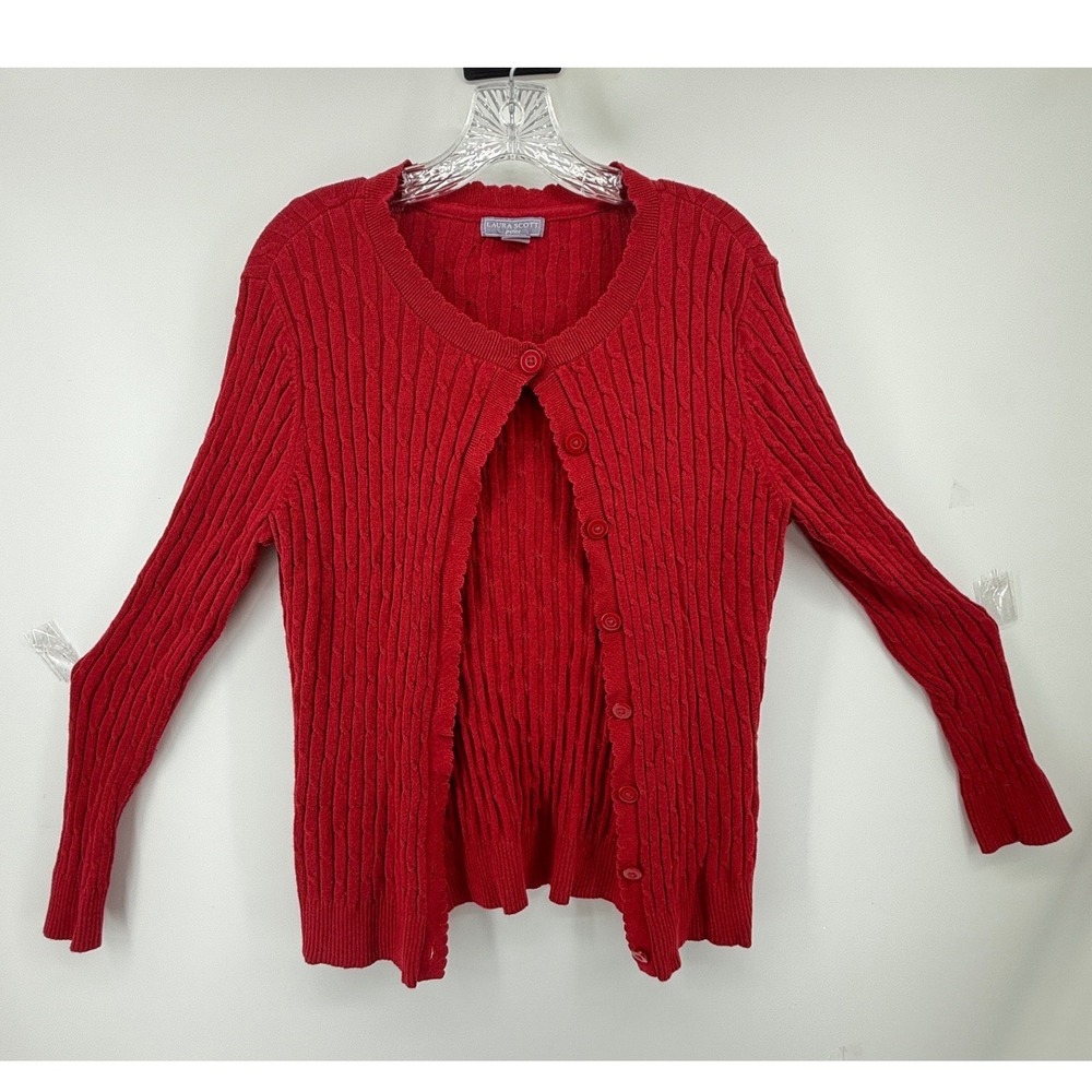 Laura Scott Petite Red Cable Knit Cardigan Button Front Sweater Large Petite